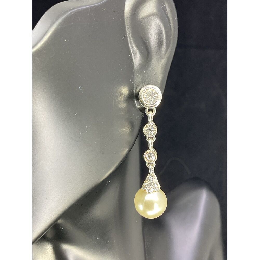Dangle Drop Pierced Earrings Crystal & Faux Pearl Over Silver Plated